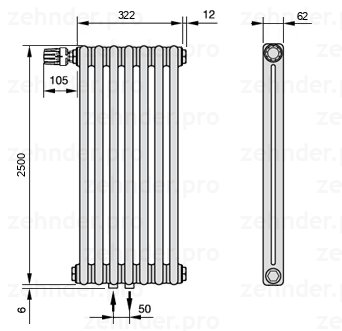 Схема (чертеж) Радиатор Zehnder Charleston 2250/7 №V007 Белый глянцевый RAL 9016